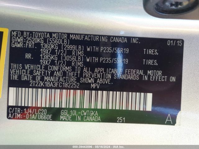 2T2ZK1BA3FC182252 Lexus RX 350