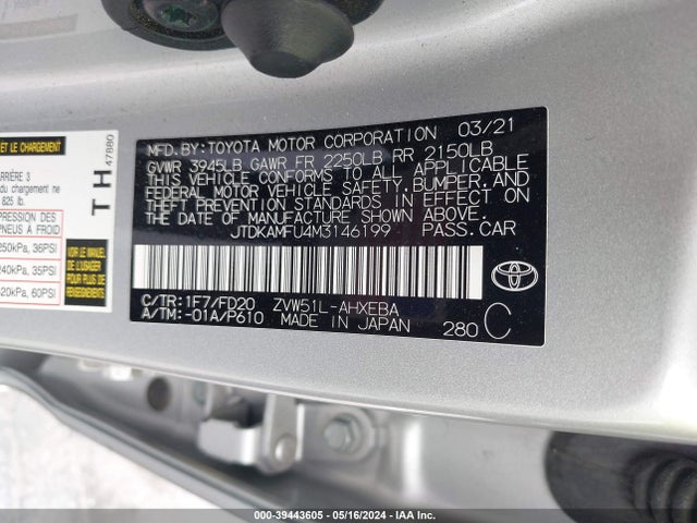 Toyota Prius Le 2021 JTDKAMFU4M3146199 Image 9