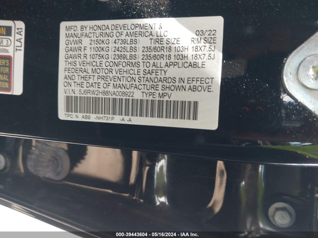 Honda Cr-v Awd Ex-l 2022 5J6RW2H88NA008922 Image 9