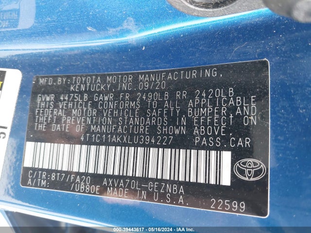Toyota CAMRY LE 2020 4T1C11AKXLU394227 Image 9