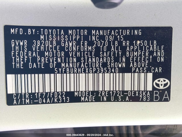 Toyota Corolla S Plus 2016 5YFBURHEXGP395340 Image 9