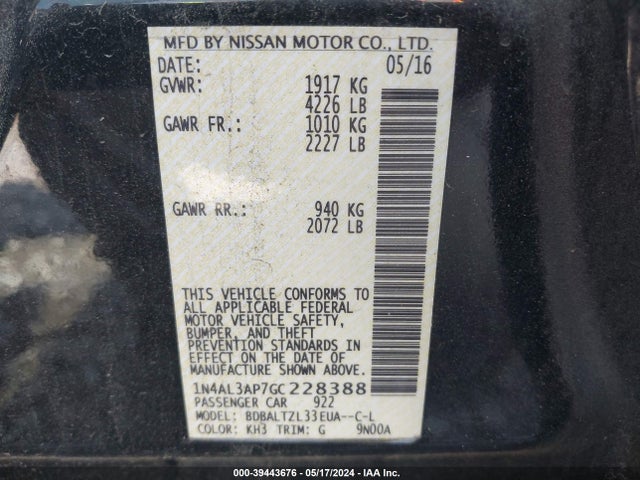 Nissan Altima 2.5 Sl 2016 1N4AL3AP7GC228388 Image 9