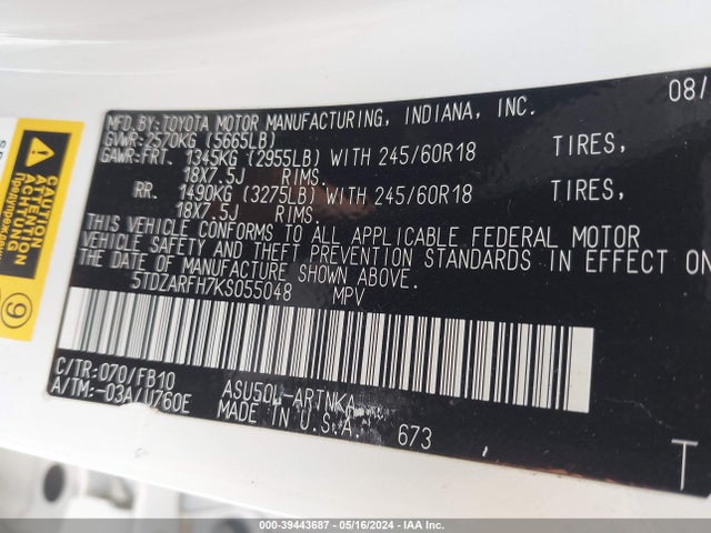 Toyota Highlander Le 2019 5TDZARFH7KS055048 Image 9