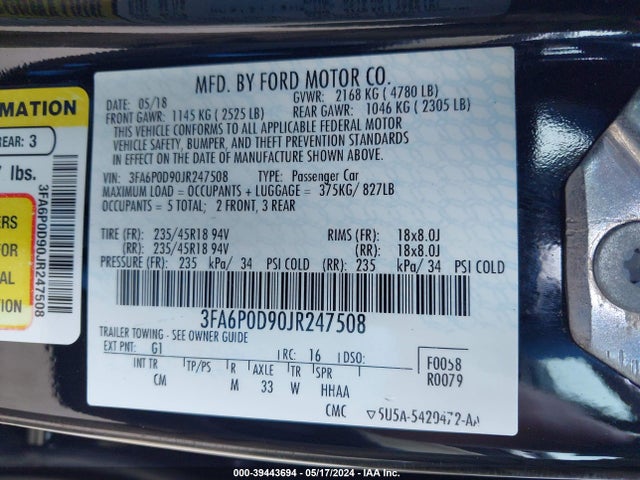 Ford Fusion Titanium 2018 3FA6P0D90JR247508 Image 9
