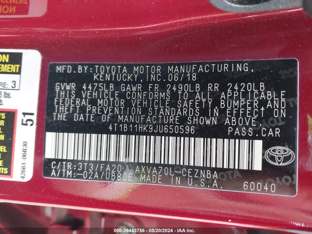 Toyota CAMRY LE 2018 4T1B11HK9JU650596 Image 9