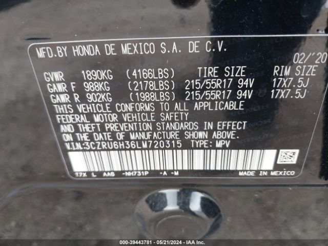 3CZRU6H36LM720315 Honda Hr-v Awd Lx