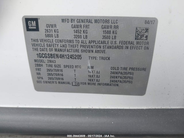 Chevrolet Colorado Wt 2017 1GCGSBEN4H1245205 Image 9