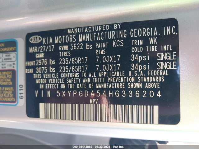 KIA Sorento 3.3l Lx 2017 5XYPGDA54HG336204 Image 9