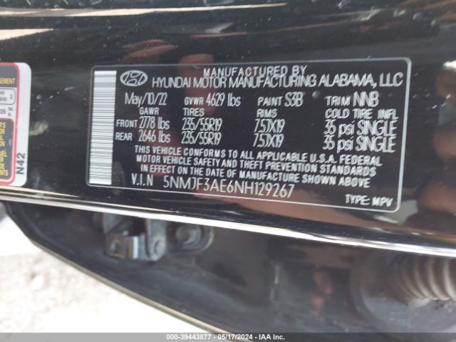 5NMJF3AE6NH129267 Hyundai TUCSON SEL