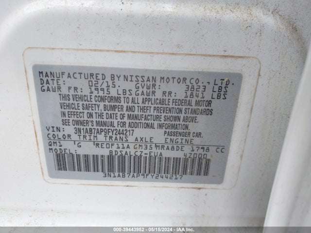 Nissan SENTRA S 2015 3N1AB7AP9FY244217 Image 9