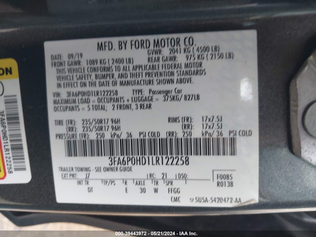 Ford FUSION SE 2020 3FA6P0HD1LR122258 Image 9
