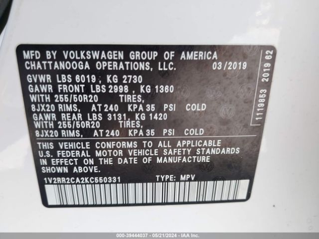 1V2RR2CA2KC550331 Volkswagen Atlas 3.6l V6 Sel R-line