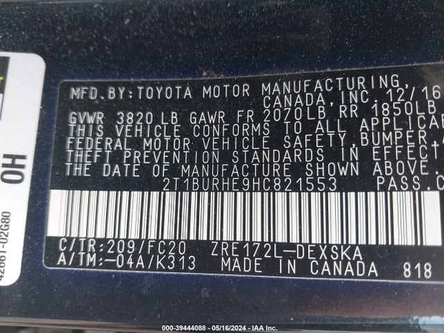 Toyota COROLLA SE 2017 2T1BURHE9HC821553 Image 9