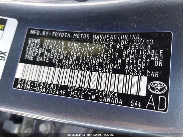 Toyota COROLLA L 2014 2T1BURHE8EC016946 Image 9