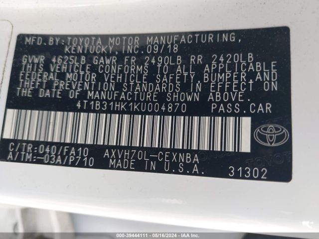 4T1B31HK1KU004870 Toyota Camry Hybrid Le