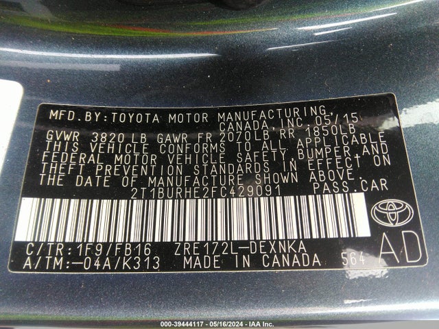 Toyota Corolla Le Plus 2015 2T1BURHE2FC429091 Image 9