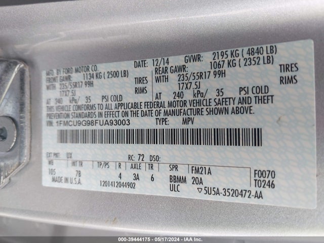 Ford ESCAPE SE 2015 1FMCU9G98FUA93003 Image 9