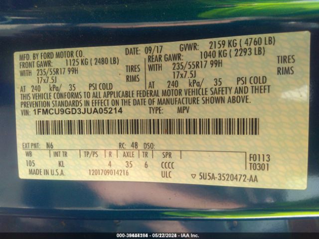 1FMCU9GD3JUA05214 Ford ESCAPE SE