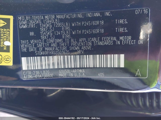Toyota Highlander Xle V6 2016 5TDKKRFHXGS501635 Image 9