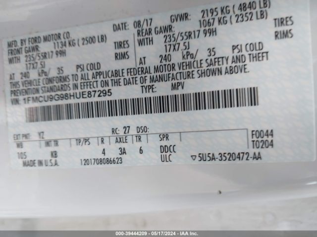 2017 FORD ESCAPE 1FMCU9G98HUE87295 Photo 8