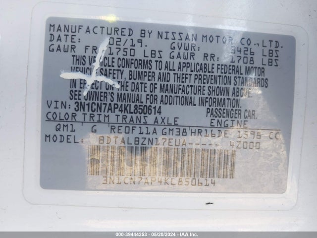 Nissan Versa 1.6 Sv 2019 3N1CN7AP4KL850614 Image 9