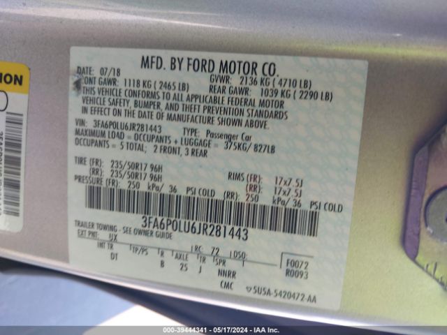 3FA6P0LU6JR281443 Ford Fusion Hybrid Se