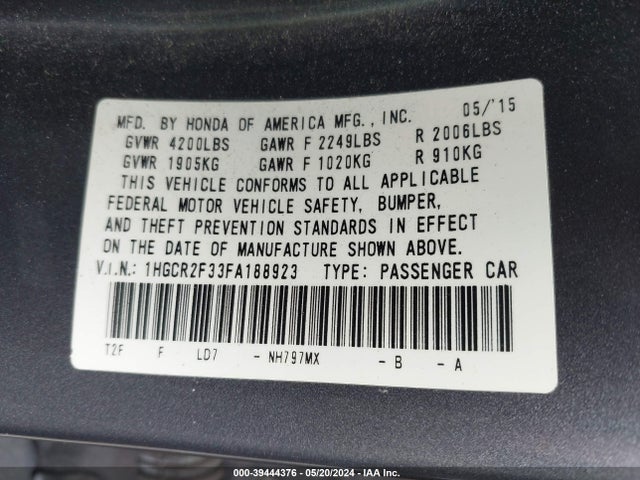 Honda ACCORD LX 2015 1HGCR2F33FA188923 Image 9
