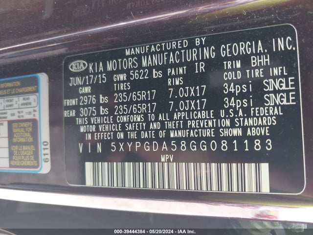 KIA Sorento 3.3l Lx 2016 5XYPGDA58GG081183 Image 9