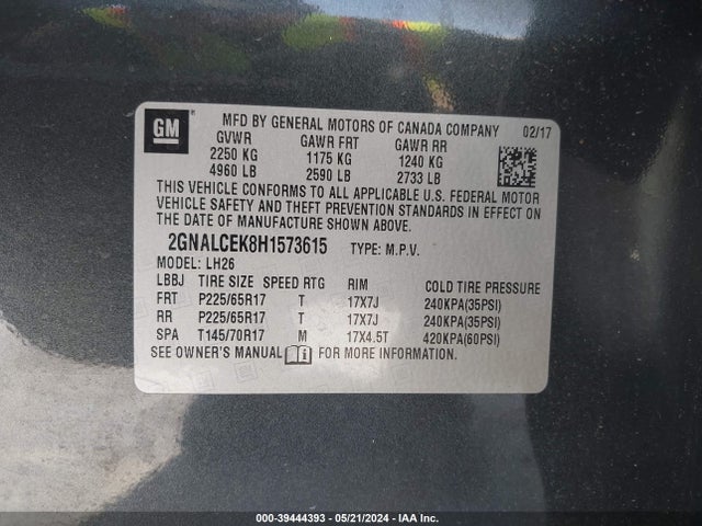 Chevrolet EQUINOX LT 2017 2GNALCEK8H1573615 Image 9