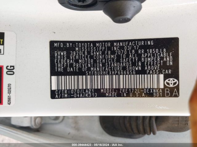 5YFBURHEXHP666656 Toyota Corolla Xle