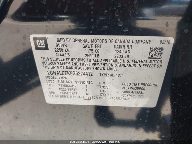 Chevrolet EQUINOX LT 2016 2GNALCEK9G6274412 Image 9