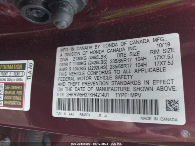 2HKRW5H37KH421401 Honda CR-V LX