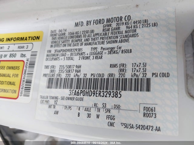 Ford FUSION SE 2014 3FA6P0HD9ER329385 Image 9