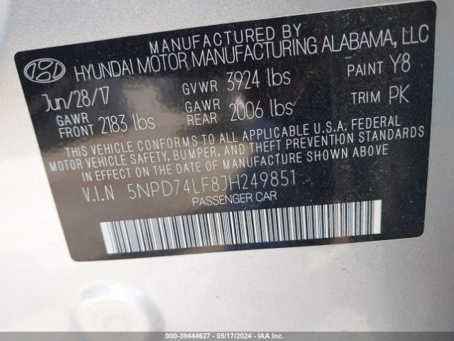 5NPD74LF8JH249851 Hyundai ELANTRA SE