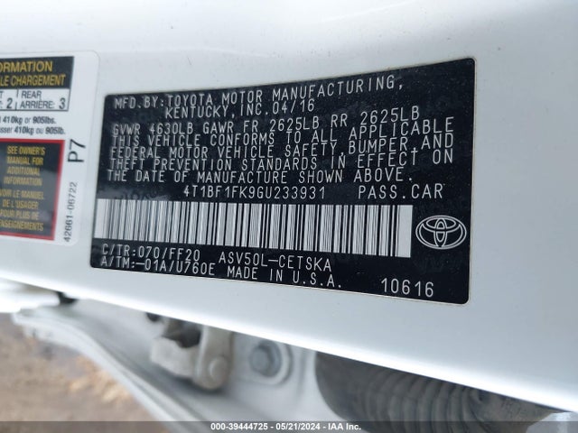 Toyota CAMRY SE 2016 4T1BF1FK9GU233931 Image 9