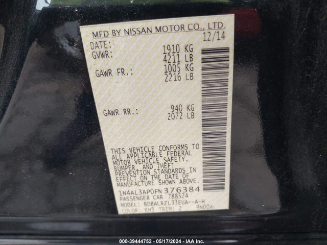 Nissan Altima 2.5 Sl 2015 1N4AL3AP0FN376384 Image 9