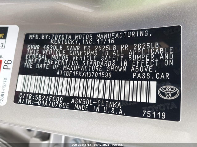 Toyota CAMRY LE 2017 4T1BF1FKXHU701599 Image 9