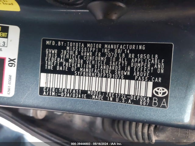Toyota COROLLA L 2015 5YFBURHE9FP191076 Image 9