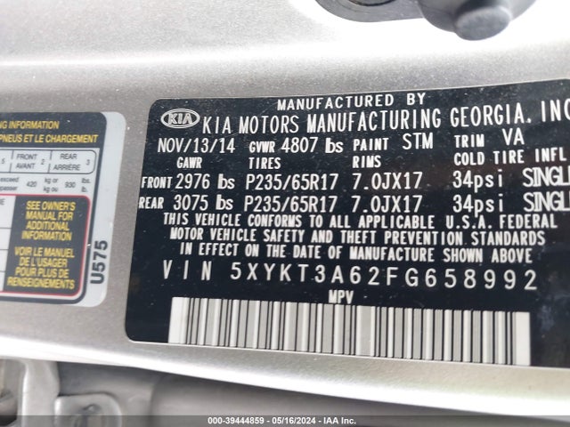 KIA SORENTO LX 2015 5XYKT3A62FG658992 Image 9