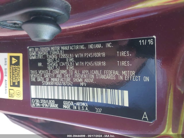 Toyota Highlander Xle V6 2016 5TDKKRFH0GS187042 Image 9