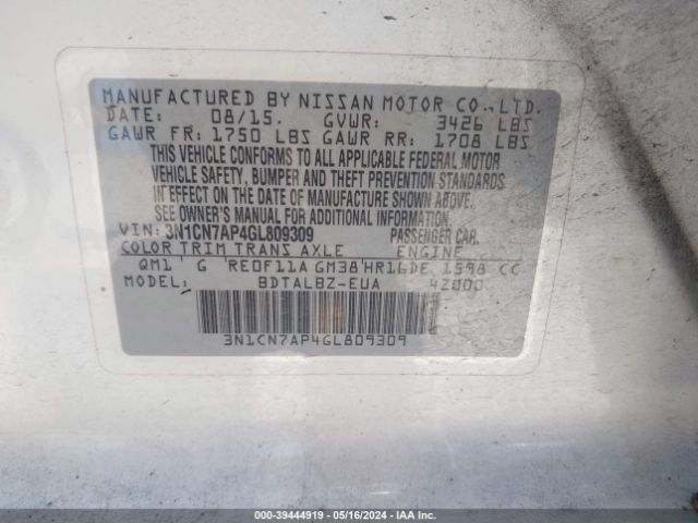 3N1CN7AP4GL809309 Nissan Versa 1.6 S/1.6 S+/1.6 Sl/1.6 Sv