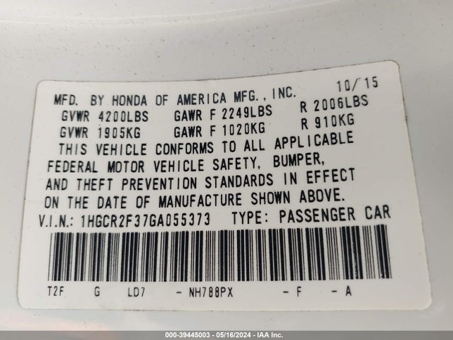 Honda ACCORD LX 2016 1HGCR2F37GA055373 Image 9