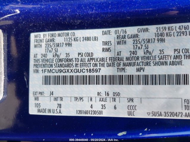 1FMCU9GXXGUC18597 Ford ESCAPE SE