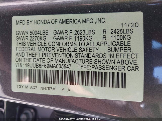 19UUB6F69MA005547 Acura Tlx Advance Package