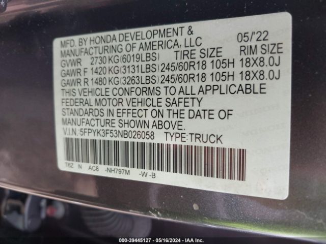 5FPYK3F53NB026058 Honda Ridgeline Rtl