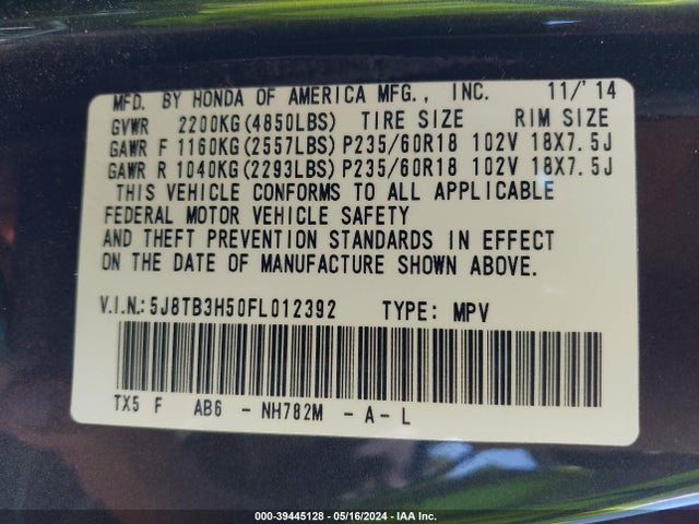 Acura RDX 2015 5J8TB3H50FL012392 Image 9