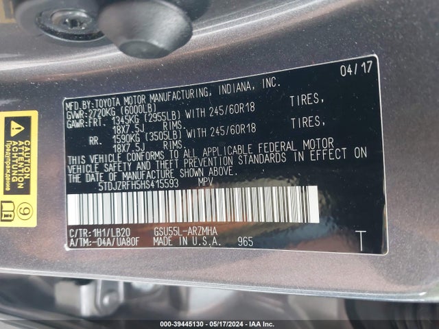Toyota Highlander Xle 2017 5TDJZRFH5HS415593 Image 9