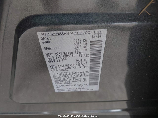 Nissan Pathfinder Platinum/s/sl/sv 2015 5N1AR2MN3FC632540 Image 9