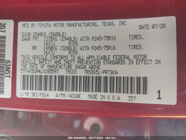 Toyota Tacoma Sr 2020 5TFAX5GN4LX185597 Image 9