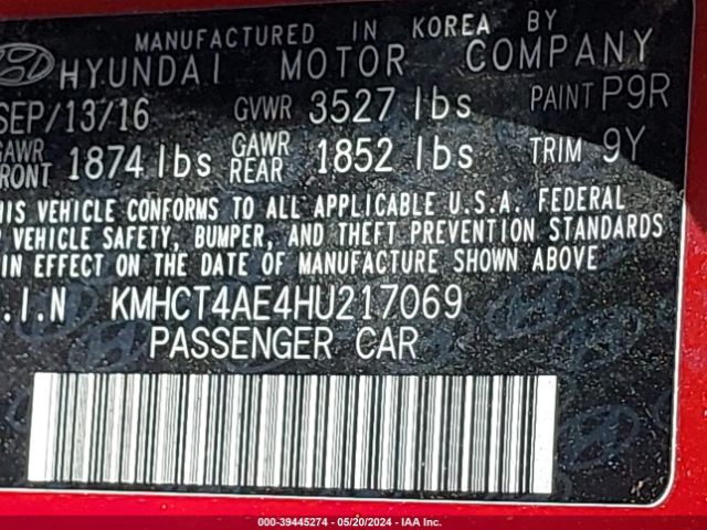 KMHCT4AE4HU217069 Hyundai ACCENT SE